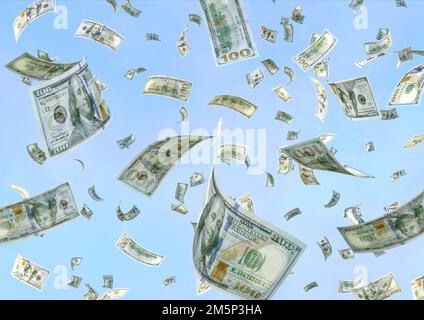 Cadendo americano cento dollari banconote di denaro isolato su sfondo cielo. Successo, investimento, jackpot, concetto di business finance design. Volare Foto Stock