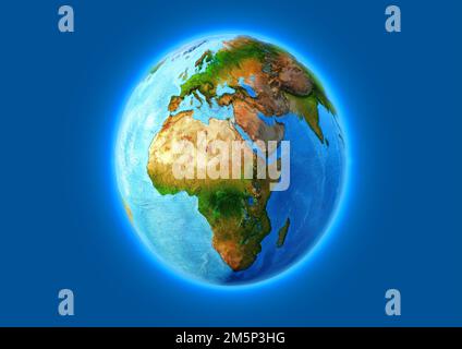 Pianeta Terra dallo spazio isolato su sfondo blu. Globo della Terra Blu con vista su Europa, Africa, Asia e oceani. Illustrazione 3D. Elemento di design per g Foto Stock