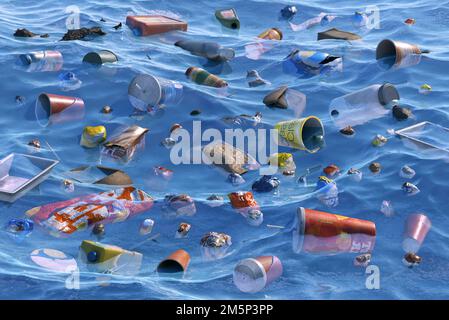 Oceano, acqua di mare inquinamento ambientale sfondo. Bottiglie, sacchetti di plastica, tazze rifiuti nell'acqua di mare. Salvare il pianeta, ambiente globale inquinante Foto Stock