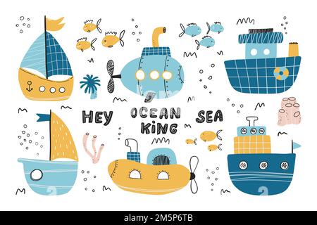 Collezione di Vector disegnati a mano con barche. Imbarcazione sottomarina. Schizzo. Mare. Design per bambini. In stile Scandinavo Illustrazione Vettoriale
