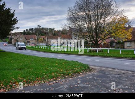 Un pomeriggio grigio e coperto di novembre e una vista sul verde di Hovingham verso il Park Cafe. Hovingham, North Yorkshire Foto Stock