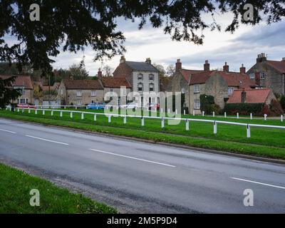 Un pomeriggio di novembre grigio e coperto e una vista sul verde di Hovingham verso il Park Café. Hovingham, North Yorkshire Foto Stock