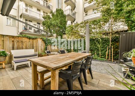 un patio esterno con mobili e piante nel cortile posteriore, circondato da alti alberi verdi su entrambi i lati Foto Stock