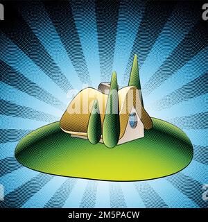 Illustrazione di Scricchboard incisa casa fiabesca in un giardino verde con alberi alto su sfondo a strisce Foto Stock