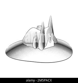 Illustrazione di Scricchboard incisa casa fiabesca in un giardino con alberi alti Foto Stock