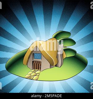 Illustrazione di Scricchboard incisa casa fiabesca in un giardino verde con passerella di pietra e alberi su sfondo a strisce Foto Stock