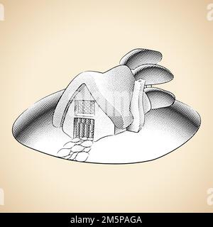 Illustrazione di Scricchboard incisa fiaba House, Stony Walkway e alberi con riempimento bianco Foto Stock