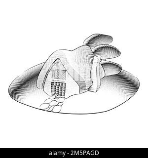 Illustrazione di Scricchboard incisa fiaba House, Stony Walkway e alberi Foto Stock