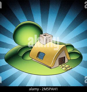 Illustrazione di Scricchboard incisa fiaba House, alberi e cespugli in un giardino verde su sfondo a strisce Foto Stock