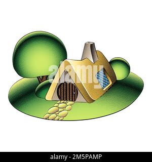 Illustrazione di Scricchboard incisa fiaba House, Giardino Verde, alberi e cespugli con riempimento colorato Foto Stock