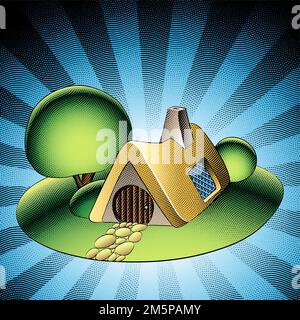 Illustrazione di Scricchboard incisa fiaba House e un giardino verde con alberi e cespugli su sfondo a strisce Foto Stock
