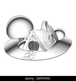 Illustrazione di Scricchboard incisa fiaba Casa, Giardino, alberi e cespugli Foto Stock