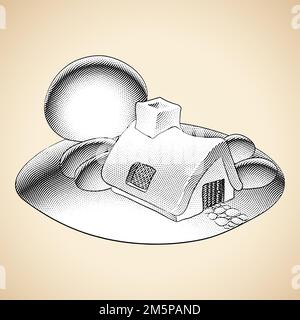 Illustrazione di Scricchboard incisa fiaba Casa, alberi, cespugli e Giardino con riempimento bianco Foto Stock