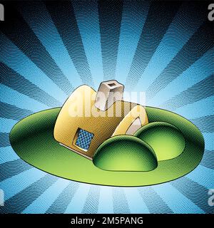 Illustrazione di Scricchboard incisa casa fiabesca in un giardino verde con cespugli su sfondo a strisce Foto Stock