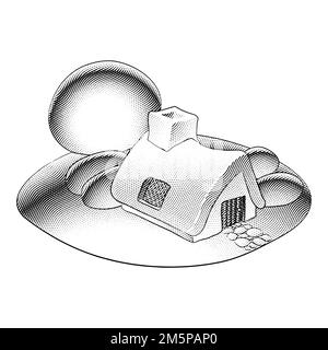 Illustrazione di Scricchboard incisa fiaba Casa, alberi, cespugli e Giardino Foto Stock