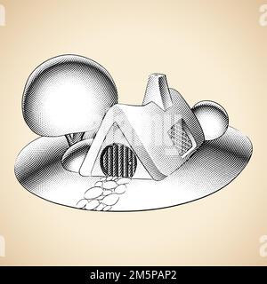 Illustrazione di Scricchboard incisa fiaba Casa, Giardino, alberi e cespugli con riempimento bianco Foto Stock