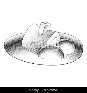 Illustrazione di Scratchboard incisa fiaba House e un giardino con cespugli Foto Stock