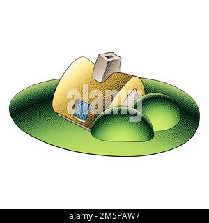 Illustrazione di Scricchboard incisa fiaba House e un giardino verde con riempimento colorato Foto Stock