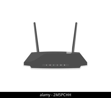 Router wireless Wi-Fi, connessione Internet, router wi-fi con logo a due antenne. Concetto di business tecnologico e stile di vita moderno. Illustrazione Vettoriale