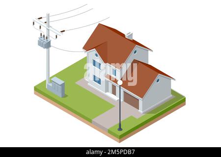 Trasformatore isometrico . Catena di distribuzione della fabbrica di energia elettrica. Distribuzione di energia elettrica con la casa, tralicci di rete elettrica ad alta tensione, elettrica Illustrazione Vettoriale
