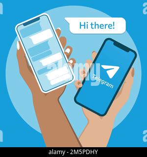 Due mani di una donna che tiene in mano smartphone con la schermata di chat dell'app Telegram. Illustrazione vettoriale. Colori piatti. Illustrazione Vettoriale