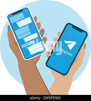 Due mani di una donna che tiene in mano smartphone con la schermata di chat dell'app Telegram. Illustrazione vettoriale. Colori piatti. Illustrazione Vettoriale