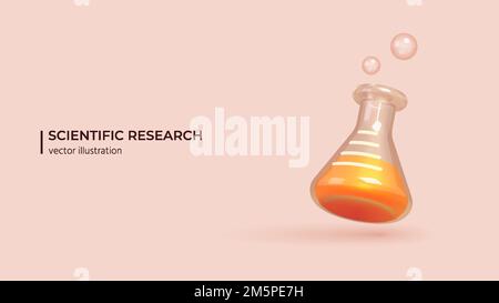 3D concetto di scienza vettoriale. 3D progettazione realistica di bottiglie per chimica con sostanze chimiche in colori trendy. Illustrazione vettoriale concetto di assicurazione sanitaria in stile cartone animato minimo. Illustrazione Vettoriale