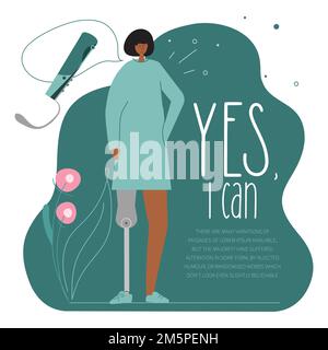 L'illustrazione vettoriale con le donne con disabilità ha la gamba bionica, il piede di titanio, l'impianto o la protesi. FRASE SÌ, POSSO. Illustrazione per il mondo Illustrazione Vettoriale