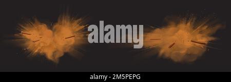 Nuvole di polvere di corteccia di cannella e strisce sparse in aria. Rappresentazione vettoriale realistica Set di condimento aromatico marrone polvere e bastoncini isolati su Illustrazione Vettoriale