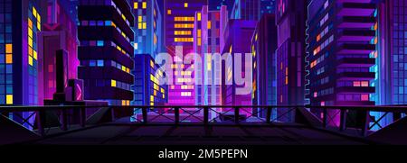 Vista notturna sulla città dall'alto. Illustrazione vettoriale dei cartoni animati del paesaggio urbano illuminato con colorate luci al neon nelle finestre, grattacielo costruito Illustrazione Vettoriale