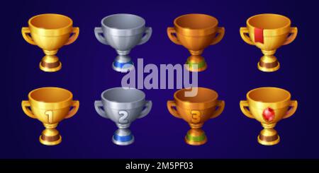 Collezione di coppe vincitrici in oro, argento e bronzo, decorate con numeri di graduatoria, nastri rossi e pietre preziose. Illustratio vettore cartoon Illustrazione Vettoriale