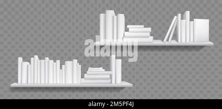 Set png librerie isolato su sfondo trasparente. Pile di libri bianchi giacenti e in piedi sullo scaffale. Fiction, scienza, letteratura educativa mo Illustrazione Vettoriale
