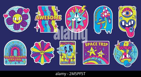 Y2K bustina di adesivi, rave retro patch bandiera lgbt, arcobaleno, stelle, fiori e funghi psichedelici, bocca con pillola sulla lingua, cranio in stile trippy, C Illustrazione Vettoriale