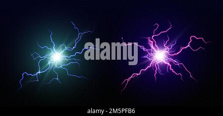 Sfere elettriche, luci rotonde, cerchi thunderbolt blu e viola. Scioperi di energia magica, sfere plasmiche, potente scarica elettrica isolata, Illustrazione Vettoriale