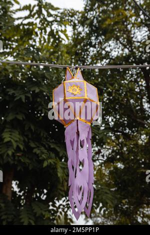 Lanterna di carta rosa sospesa da un filo in Thailandia, con alberi sullo sfondo Foto Stock