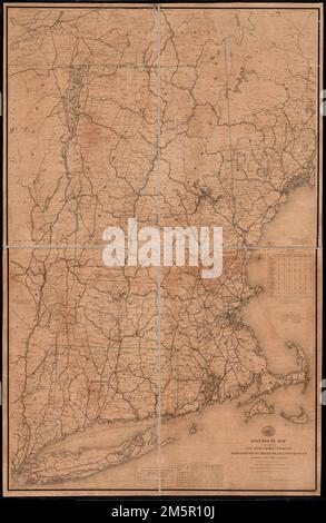 Mappa degli stati del New Hampshire, Vermont, Massachusetts, Rhode Island, Connecticut, E parti di New York e Maine. Primo meridiano: Washington, D.C. Comprende una tabella delle distanze e una tabella delle statistiche generali per 1860 e 1866. 'Il servizio su questo diagramma aggiornato a marzo 1st 1874.'... , New England, area Foto Stock
