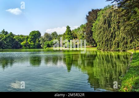 Lago ornamentale con riflessi alberati nel parco di Villa Contarini, Piazzola sul Brenta, Veneto, Italia Foto Stock