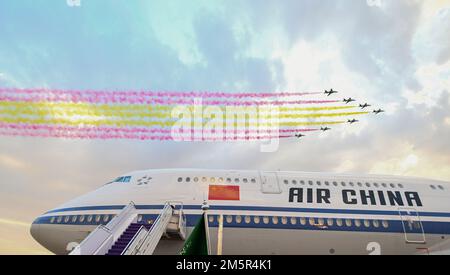 (221230) -- PECHINO, 30 dicembre 2022 (Xinhua) -- questa foto scattata il 7 dicembre 2022 mostra i getti che dipingono il cielo in rosso e giallo, colori della bandiera nazionale cinese, a Riyadh, Arabia Saudita. Il presidente cinese Xi Jinping è arrivato a Riyadh il 7 dicembre per partecipare al primo vertice Cina-Stati arabi e al vertice del Consiglio di cooperazione Cina-Golfo, e fare una visita di Stato in Arabia Saudita. I primi 10 eventi mondiali di notizie di Xinhua nel 2022 la diplomazia del capo di stato della Cina scrive un nuovo capitolo per i tempi il 10 dicembre, il presidente cinese Xi Jinping è tornato in Cina dopo aver partecipato al primo vertice Cina-Stati arabi e. Foto Stock