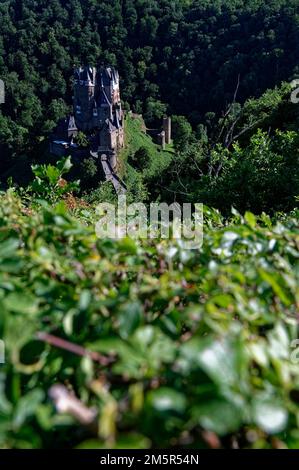 Una vista panoramica del castello di Eltz (in tedesco: Burg Eltz) circondato da fitte foreste a Treviri, Germania Foto Stock