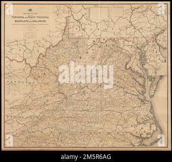 Mappa degli itinerari postali degli stati della Virginia e della Virginia occidentale insieme al Maryland e al Delaware con le zone adiacenti della Pennsylvania, dell'Ohio, del Kentucky, del Tennessee e della Carolina del Nord : mostra gli uffici postali con le distanze intermedie e le rotte postali in funzione il 1st ottobre 1891. Mostra anche le ferrovie e le contee. Primo meridiano: Washington. Inset: Distretto di Columbia con porzioni di stati adiacenti. Include la tabella delle statistiche non riempita e la tabella delle distanze non riempita. "Il servizio su questo diagramma aggiornato a ottobre 1st. 1891.'... , Virginia West Virginia Maryland Delaware Foto Stock
