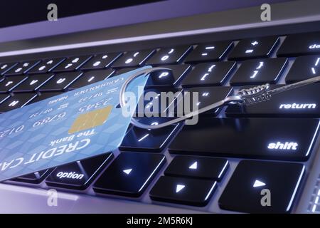 La carta di credito di un computer portatile viene rubata da un gancio di pesca. Illustrazione del concetto di phishing tramite e-mail e telefono e truffe via Internet Foto Stock