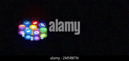 Social media, commenti, seguire, sfondo notifiche, sfondo, App mobili, icone "mi piace" e "cuore" per le chat video in live streaming Foto Stock