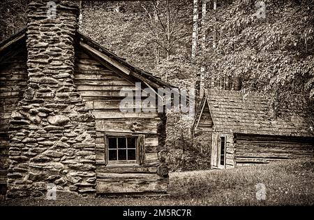 Una foto seppia della vecchia casa di Whitehead nella sezione di Cades Cove del Parco Nazionale delle Great Smoky Mountains. Foto Stock