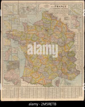 Carte geographique et commerciale de la France et de son domaine colonial : indiquant les départements, route principales, chemins de fer, canaux et service de bâteaux à vapeur, élévations importantes, phares, et donnant la population. Rilievo mostrato da hachures e altezze del punto. Include il grafico della distanza, le cifre della popolazione e l'indice delle città, dei dipartimenti, delle colonie e delle dipendenze. Insets: Possessions franceses aux Antilles et en Guyane -- St Pierre et Miquelon -- situazione géographique des Colonies francaises -- San Martin et St Barthélemy -- Guadeloupe et dépendances -- Martinica -- Foto Stock