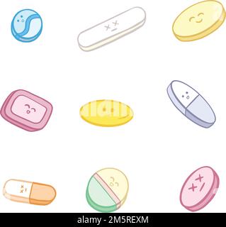 Carino Kawaii pill e capsule personaggi per la Medicina sanitaria illustrazioni Illustrazione Vettoriale