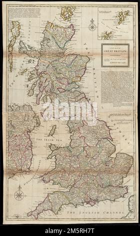 Una nuova mappa della Gran Bretagna : secondo le più recenti e più precise osservazioni. Rilievo mostrato in figura. Meridiani di prima qualità: Il Castello di Edimburgo e Londra. Inset: [Le isole di Schetland e parte delle isole Orcadi]. Include note. Appare in Moll il mondo descritto, [1709-1736], piastra 16.... , Regno Unito Foto Stock