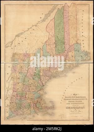 Mappa di Maine, New Hampshire, Vermont, Massachusetts, Rhode Island, E Connecticut : esporre gli uffici postali, strade postali, canali, strade ferroviarie, &c.. Dal suo atlante americano (Londra, J. Arrowsmith, 1839). Rilievo mostrato da hachures.. Mappa dettagliata che mostra i confini di drenaggio, città e contee, città e città, canali, strade e ferrovie... , New England, area Foto Stock