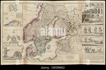 Una nuova mappa della Danimarca e della Svezia : secondo le osservazioni più recenti e più esatte. Rilievo mostrato in figura. Meridiani di prima qualità: Londra e ferro Island. Dedica: A sua Eccellenza John Lord Vescovo di Bristol Ld Sigillo privato e primo plenipotenziario di sua Maestà al Trattato di Utrecht. Questa mappa è umilmente dedicata dal più umile Servo di vostra Eccellenza. H: Geografo di Moll. Inset: La parte settentrionale della Norvegia, della Lapponia e della Groenlandia. Include note e 5 vignette relative ai Lappandri. Appare in Moll il mondo descritto, [1709-1736], piastra 14.... , Paesi baltici, area Scandinavia Foto Stock