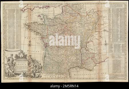 Una nuova ed esatta mappa della Francia divisa in tutte le sue province e acquisizioni, secondo le ultime osservazioni, E quell'indagine accurata fatta dal comando del re dal sig. Picar e de la Hire, con le strade di alberino ed i campionati calcolati da città a città, i passi dei Monti Pirenei e molti altri remarcks &c. Rilievo mostrato in figura. Primi meridiani: Londra e ferro. Comprende l'indice delle città e l'elenco dei "porti o passi dei Pirenei". Appare in Moll il mondo descritto, [1709-1736], piastra 25.... , Francia Foto Stock