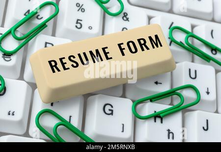 Testo scritto a mano modulo Resume. Le parole scritte su descrivono gli elementi del formato che appaiono nel documento scritto Foto Stock